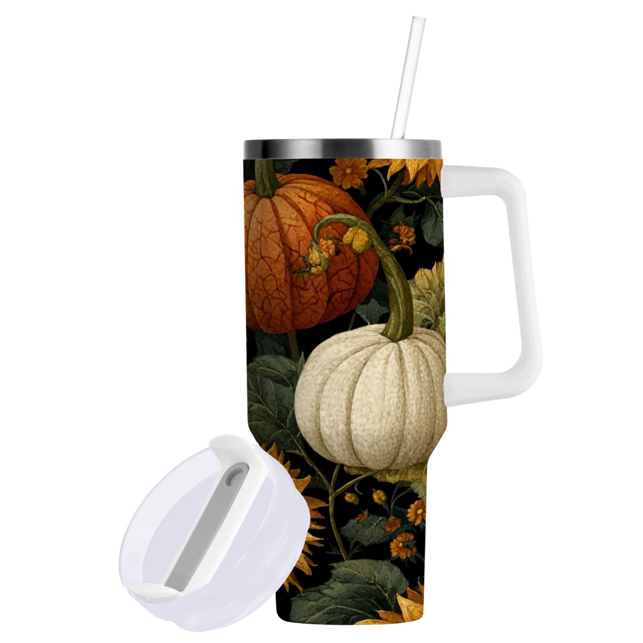 40 oz Insulated Stainless Steel Tumbler Double Wall Stainless Steel Tumbler with 2-Way Drinking Pumpkins and Sunflowers Pattern | TB11