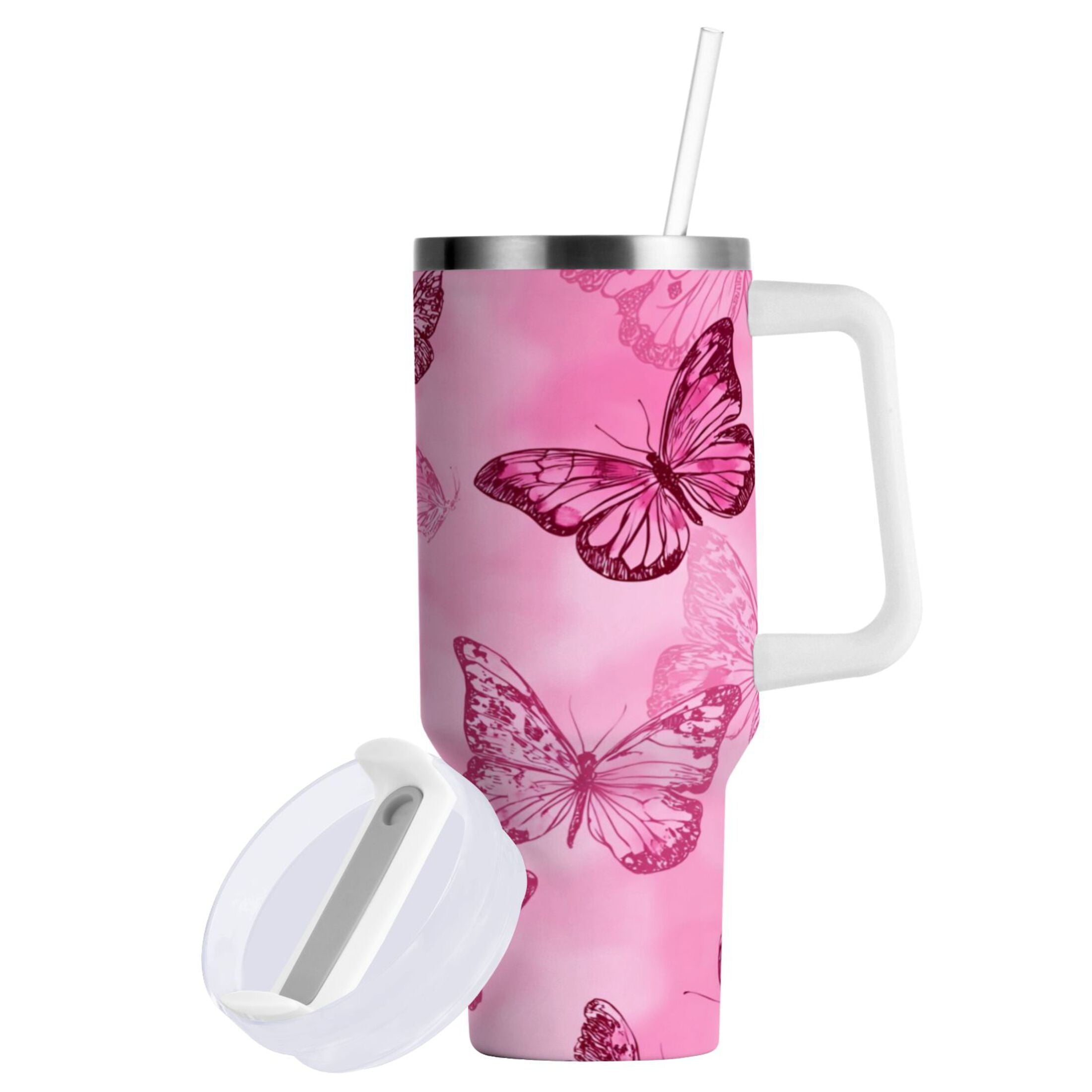 40 oz Insulated Stainless Steel Tumbler Double Wall Stainless Steel Tumbler with 2-Way Drinking Pink Butterfly Pattern | QGSI