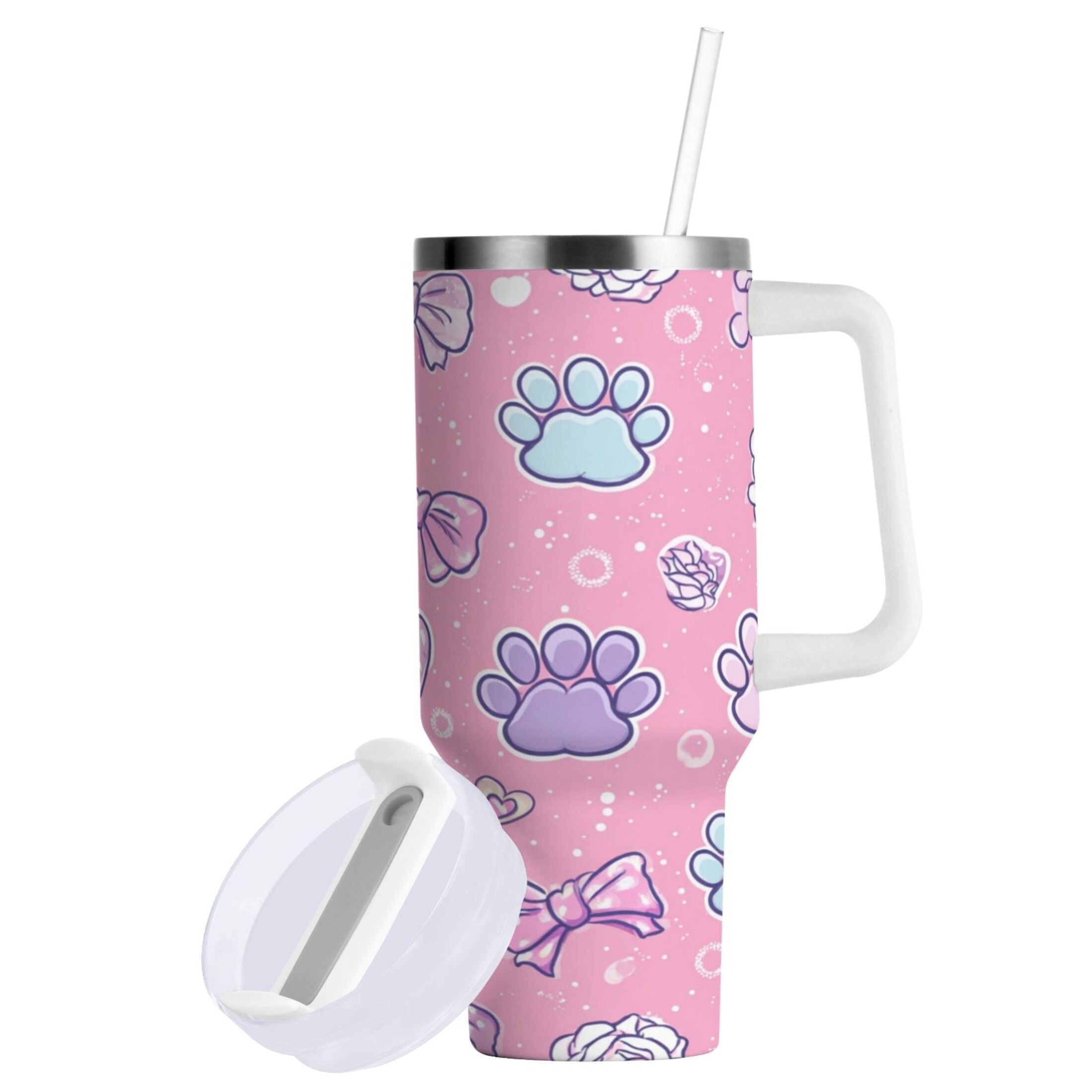 30 oz Insulated Stainless Steel Tumbler Double Wall Stainless Steel Tumbler with 2-Way Drinking Dog Paw Prints and Bows | 6E13