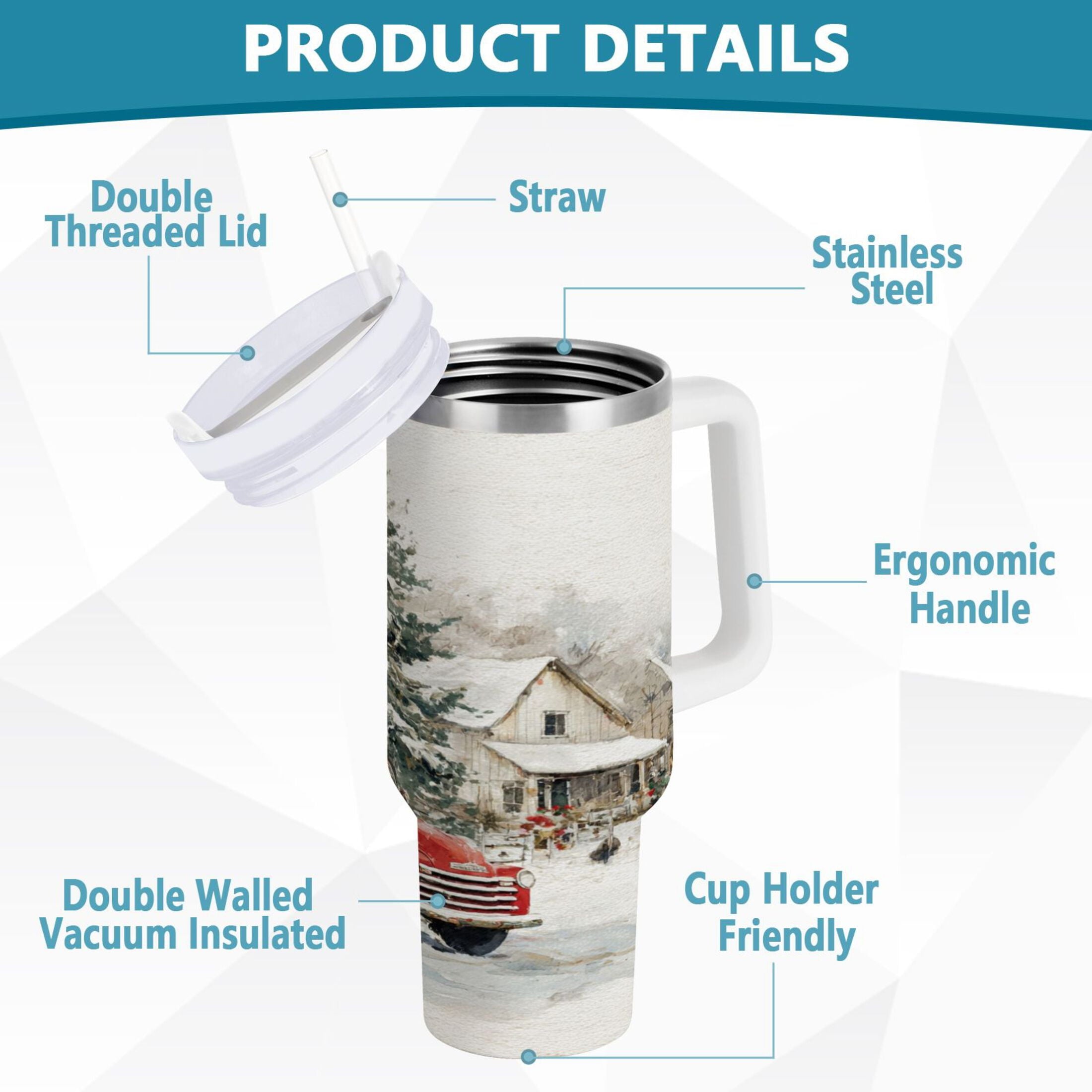 30 oz Insulated Stainless Steel Tumbler Double Wall Stainless Steel Tumbler with 2-Way Drinking Truck with Christmas Decorations | F1R1