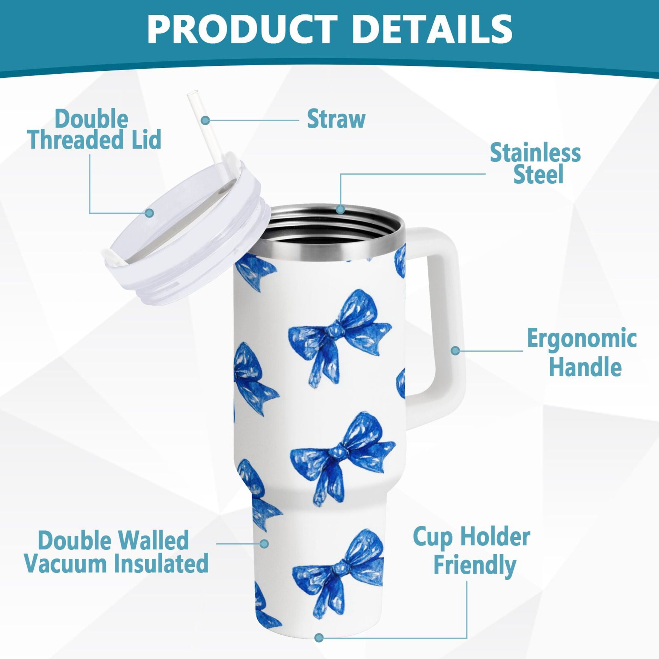 30 oz Insulated Stainless Steel Tumbler Double Wall Stainless Steel Tumbler with 2-Way Drinking Blue Bows Pattern | LSH4