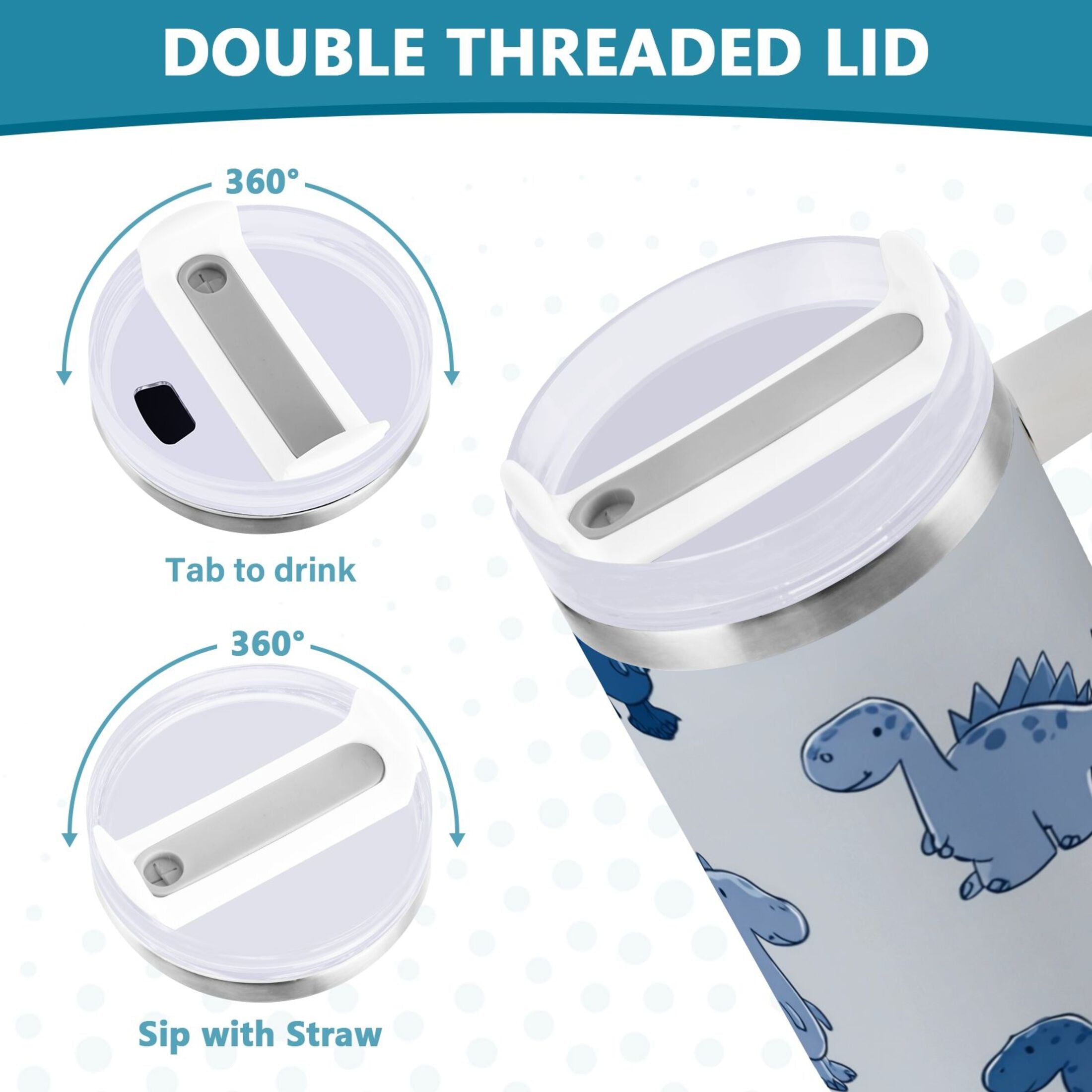 30 oz Insulated Stainless Steel Tumbler Double Wall Stainless Steel Tumbler with 2-Way Drinking Cute Blue Dinosaurs | XZGM