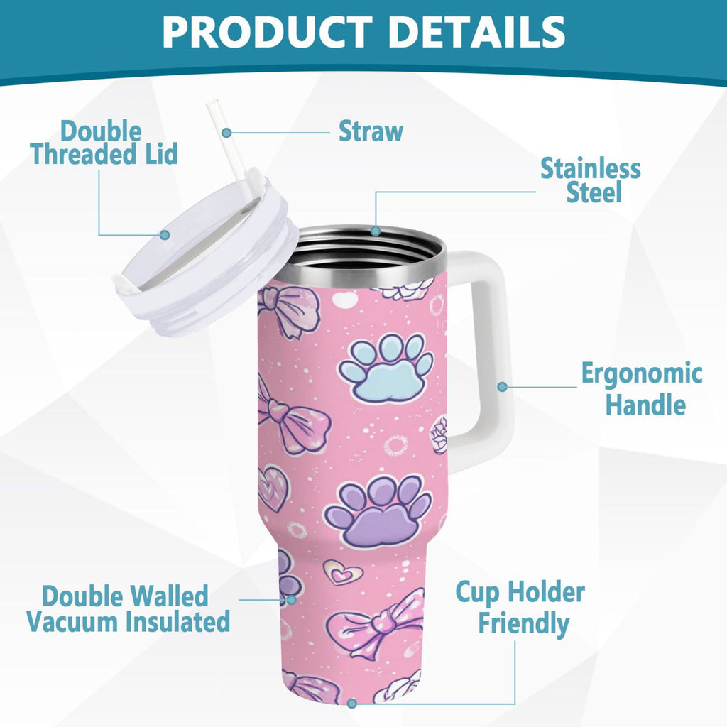 30 oz Insulated Stainless Steel Tumbler Double Wall Stainless Steel Tumbler with 2-Way Drinking Dog Paw Prints and Bows | 6E13