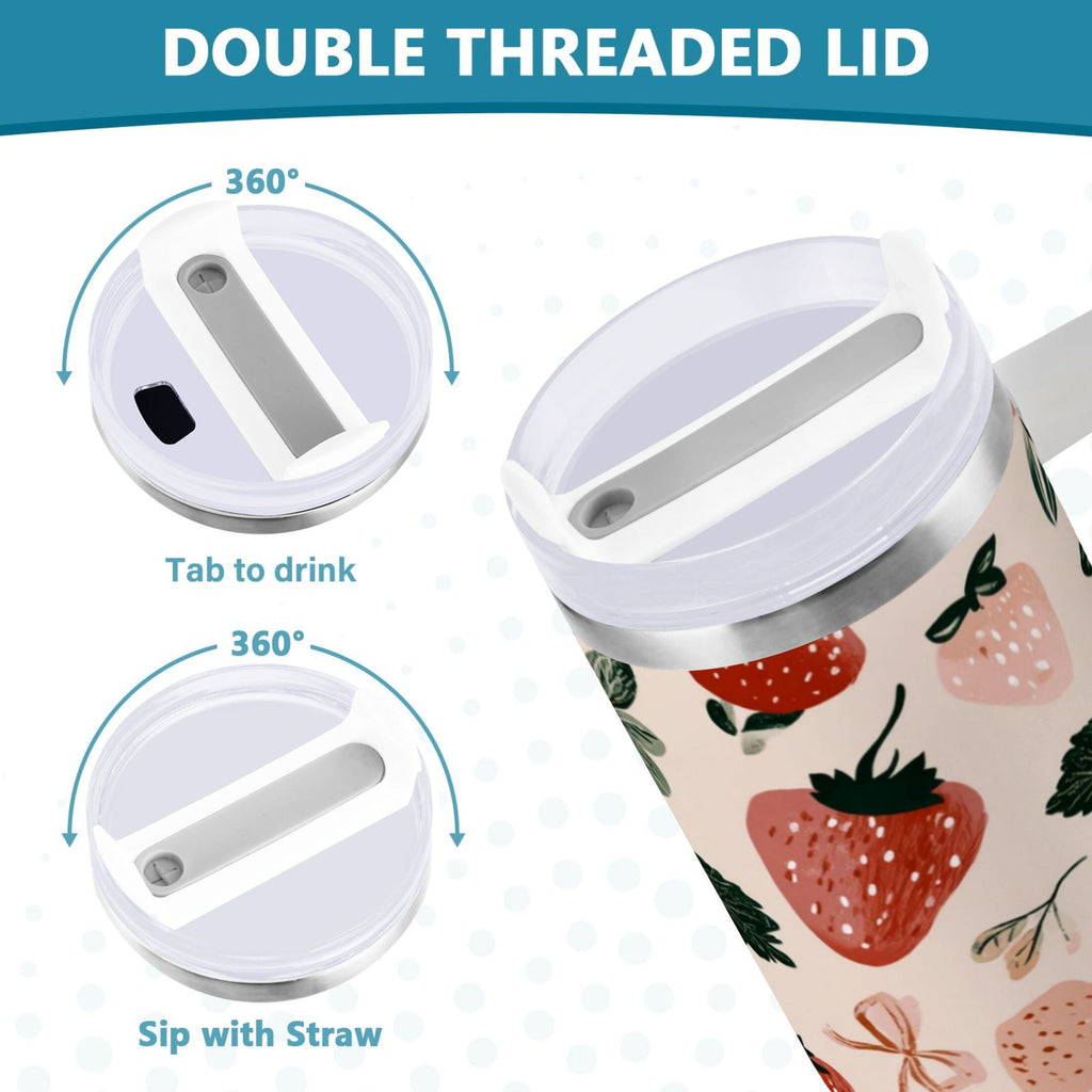 30 oz Insulated Stainless Steel Tumbler Double Wall Stainless Steel Tumbler with 2-Way Drinking Cute Pinks Strawberries | 0E2W
