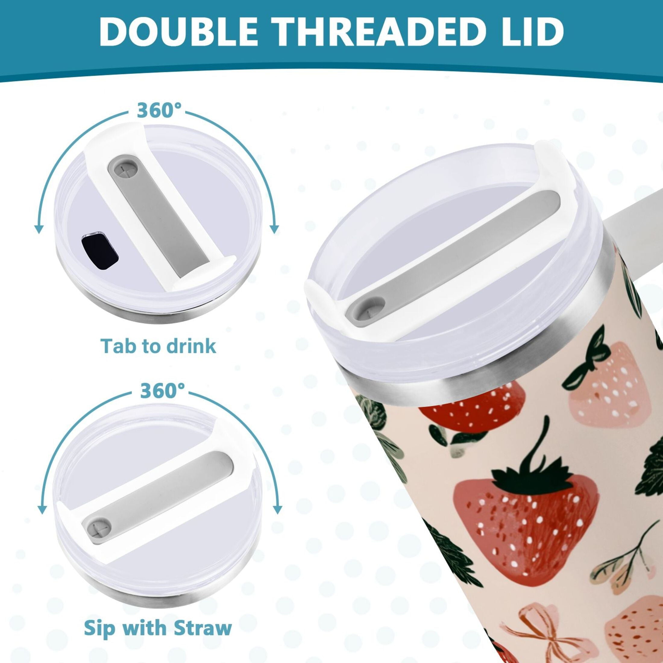 30 oz Insulated Stainless Steel Tumbler Double Wall Stainless Steel Tumbler with 2-Way Drinking Cute Pinks Strawberries | 0E2W