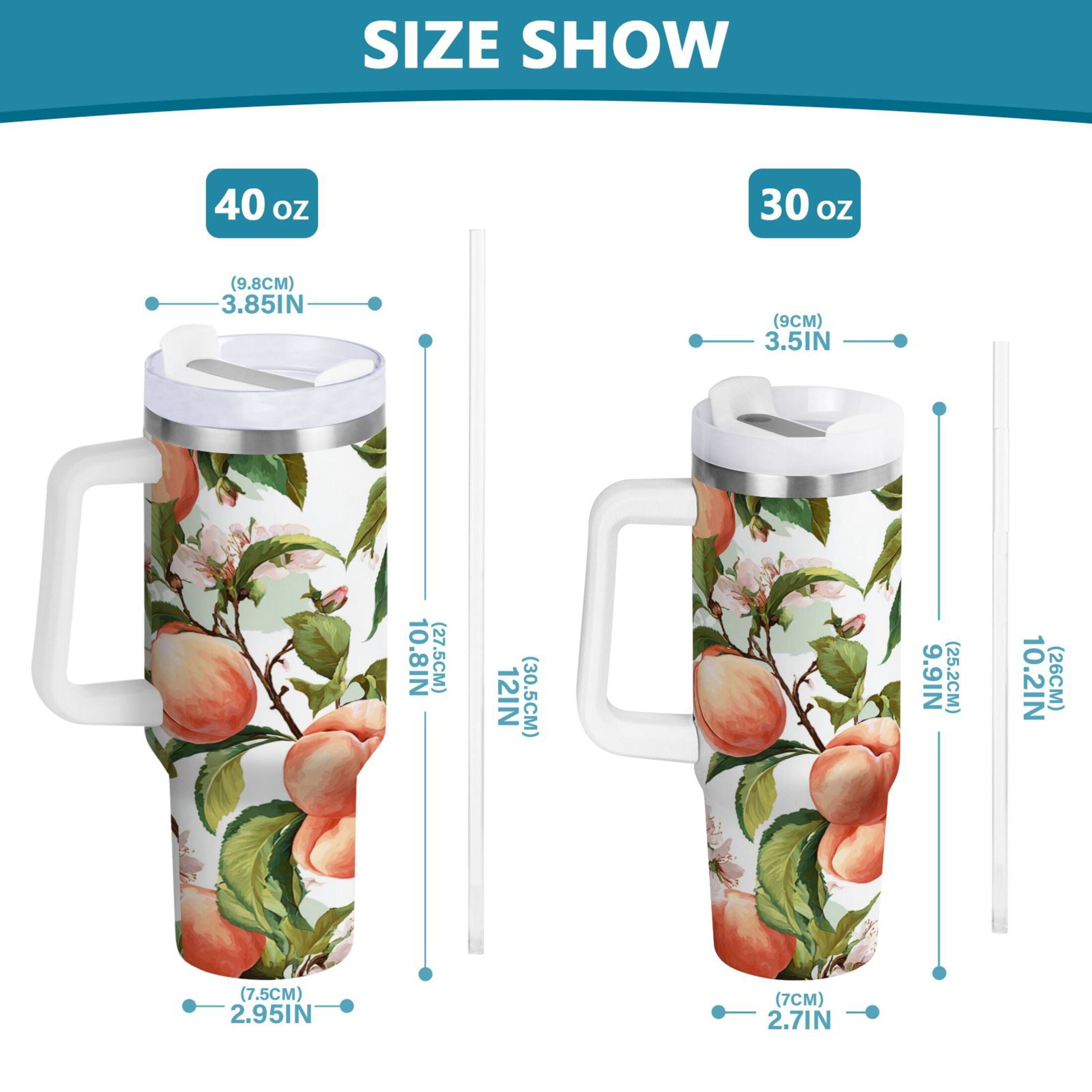 30 oz Insulated Stainless Steel Tumbler Double Wall Stainless Steel Tumbler with 2-Way Drinking Peach Fruit Pattern | 516Q