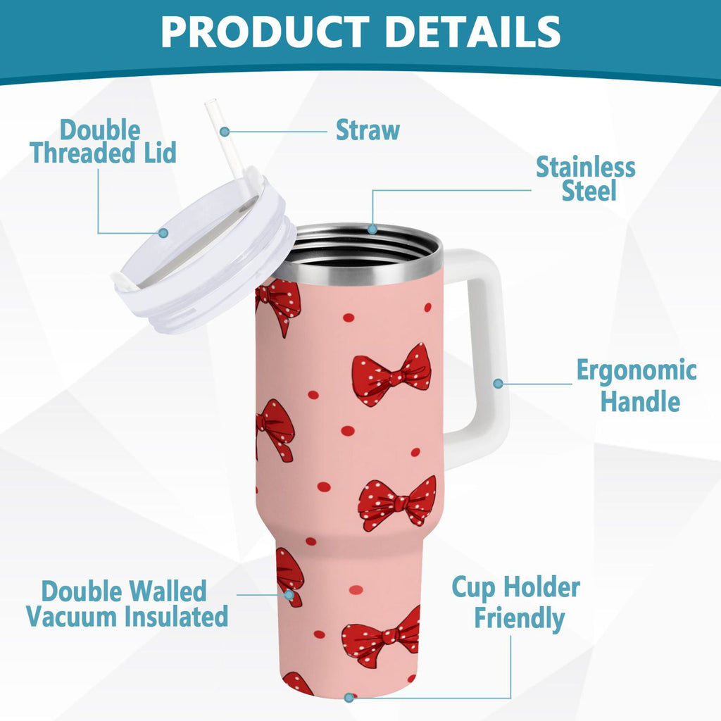 40 oz Insulated Stainless Steel Tumbler Double Wall Stainless Steel Tumbler with 2-Way Drinking Red Bows and Polka Dots | OPB4