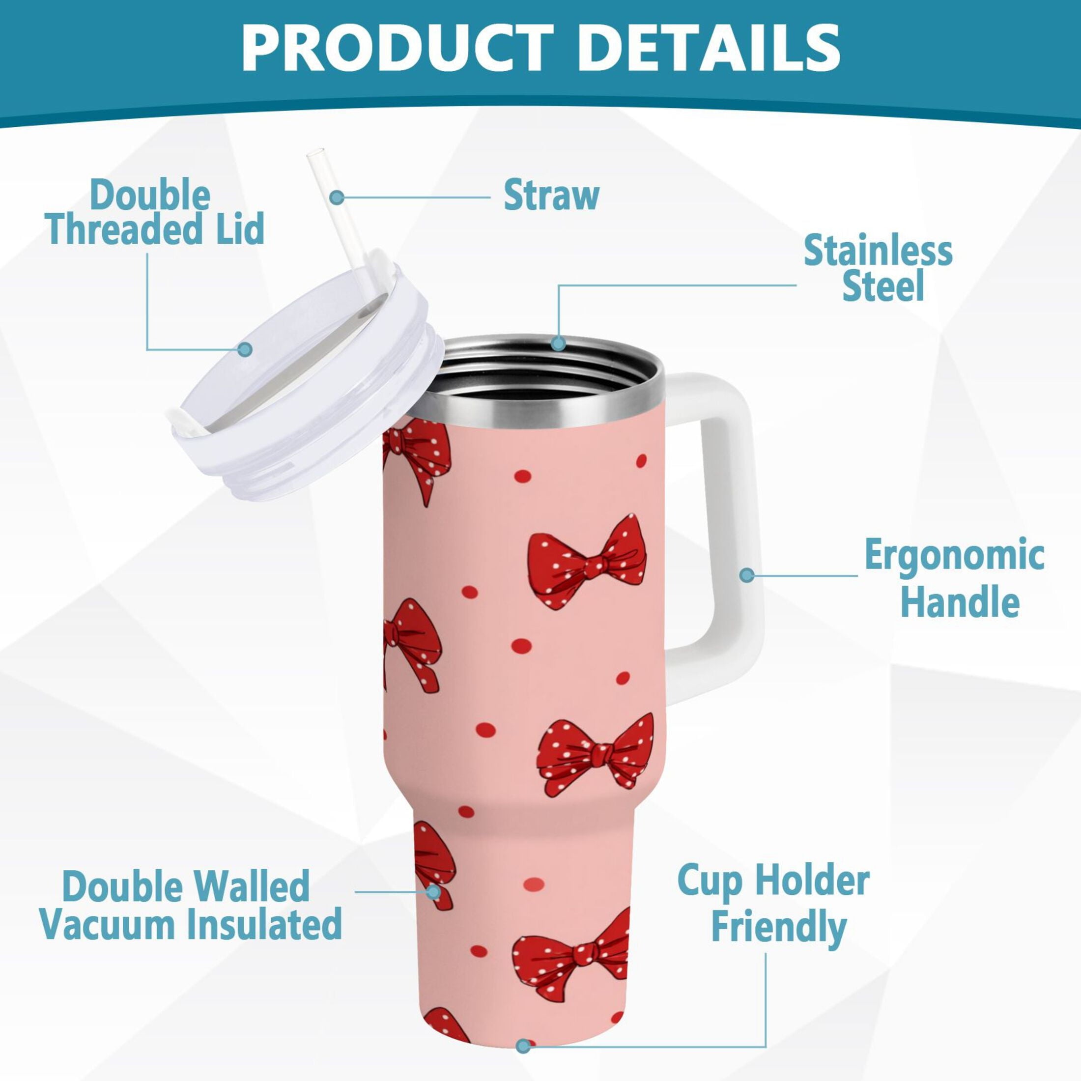 40 oz Insulated Stainless Steel Tumbler Double Wall Stainless Steel Tumbler with 2-Way Drinking Red Bows and Polka Dots | OPB4