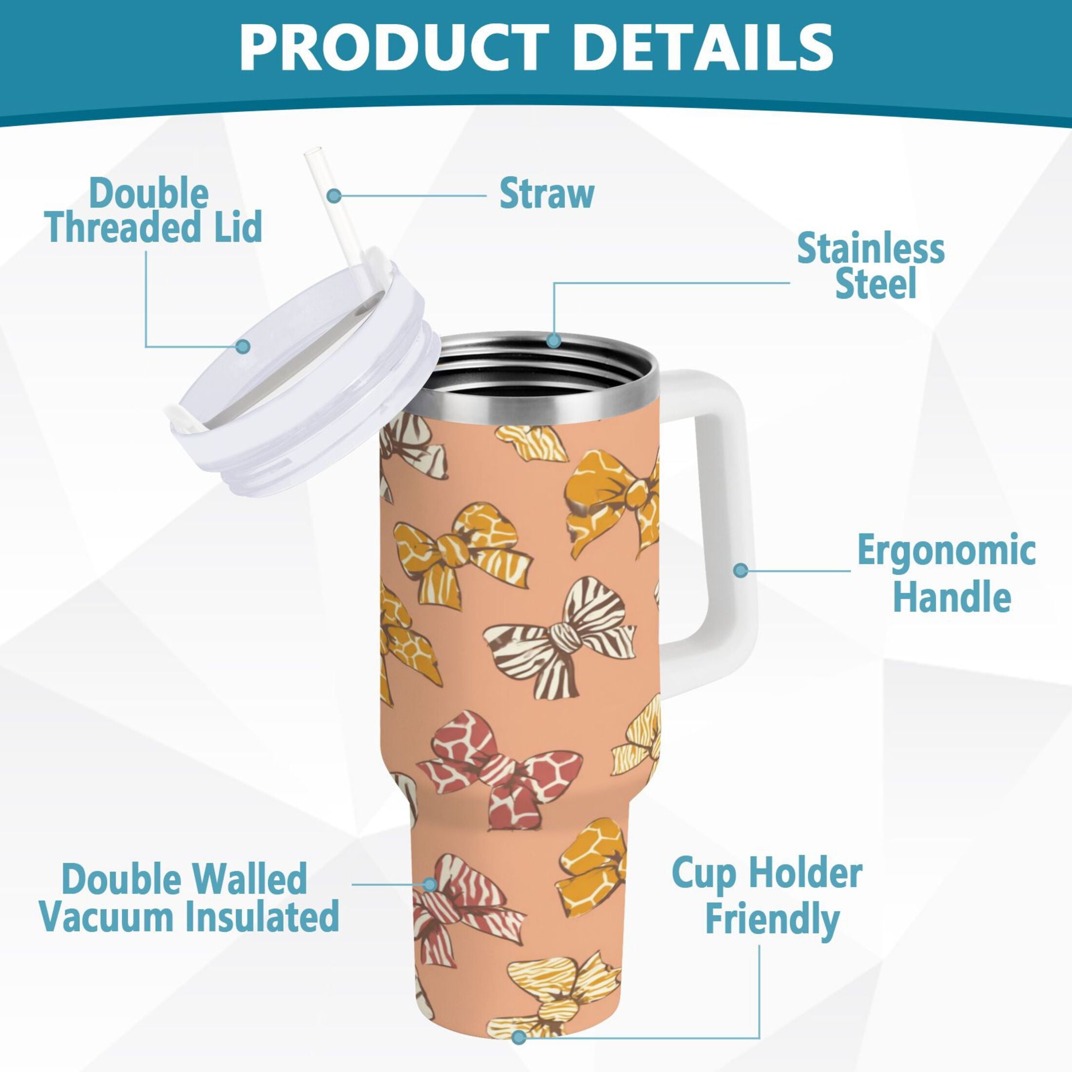 40 oz Insulated Stainless Steel Tumbler Double Wall Stainless Steel Tumbler with 2-Way Drinking Cute Animal Print Bows | 0X71