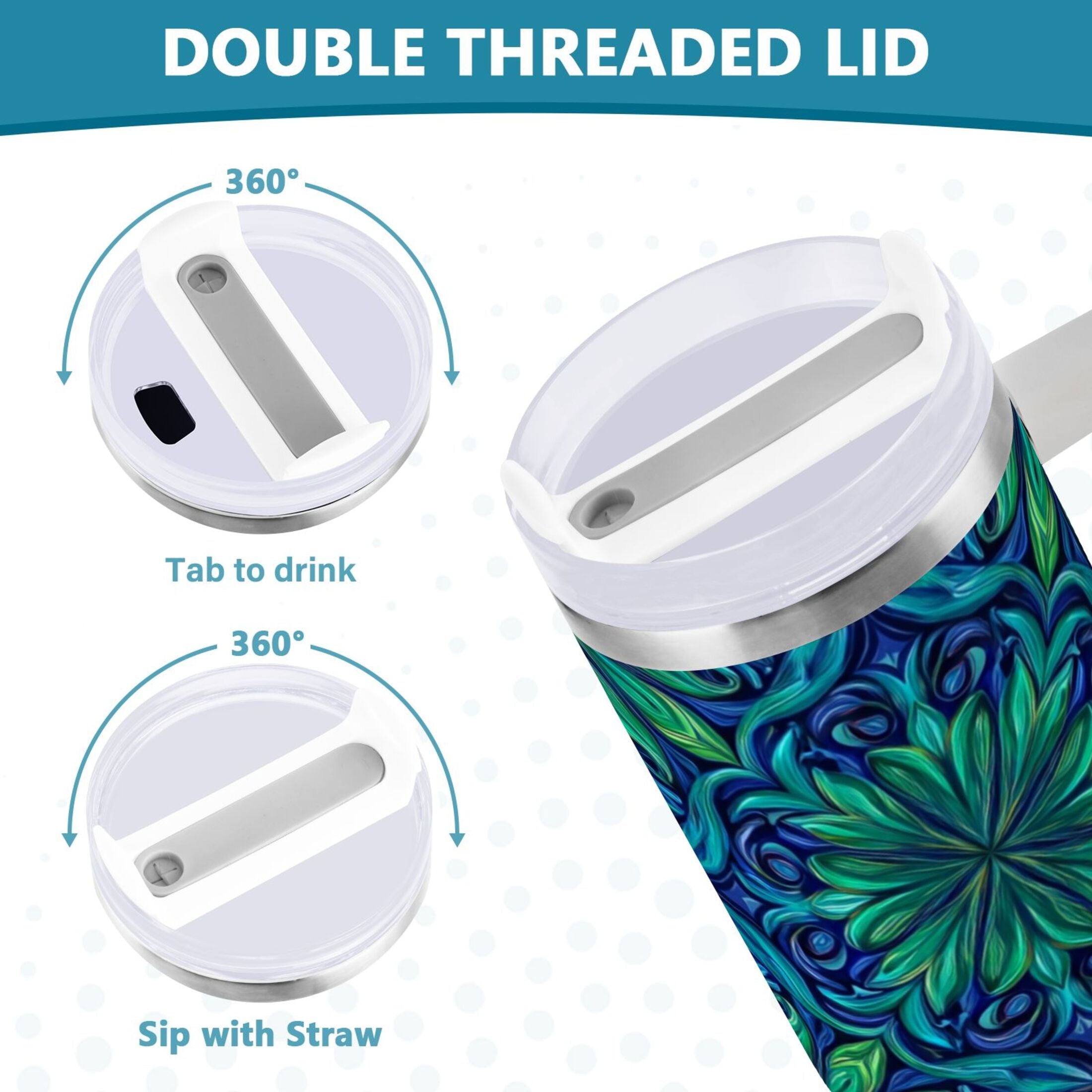 40 oz Insulated Stainless Steel Tumbler Double Wall Stainless Steel Tumbler with 2-Way Drinking Elegant Blue Traditional Patterns | ZRNL