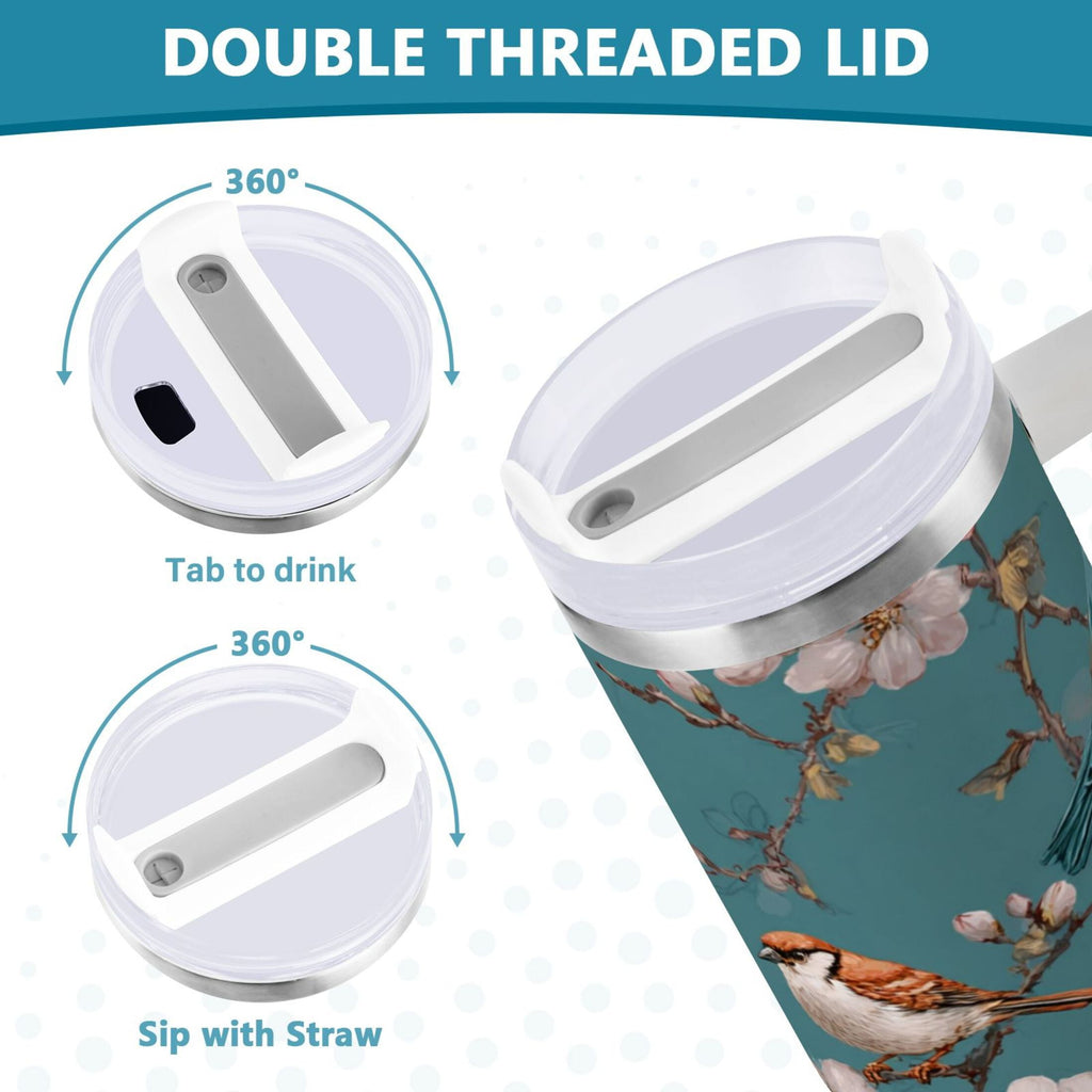 30 oz Insulated Stainless Steel Tumbler Double Wall Stainless Steel Tumbler with 2-Way Drinking Birds and Cherry Pattern | B0Z0