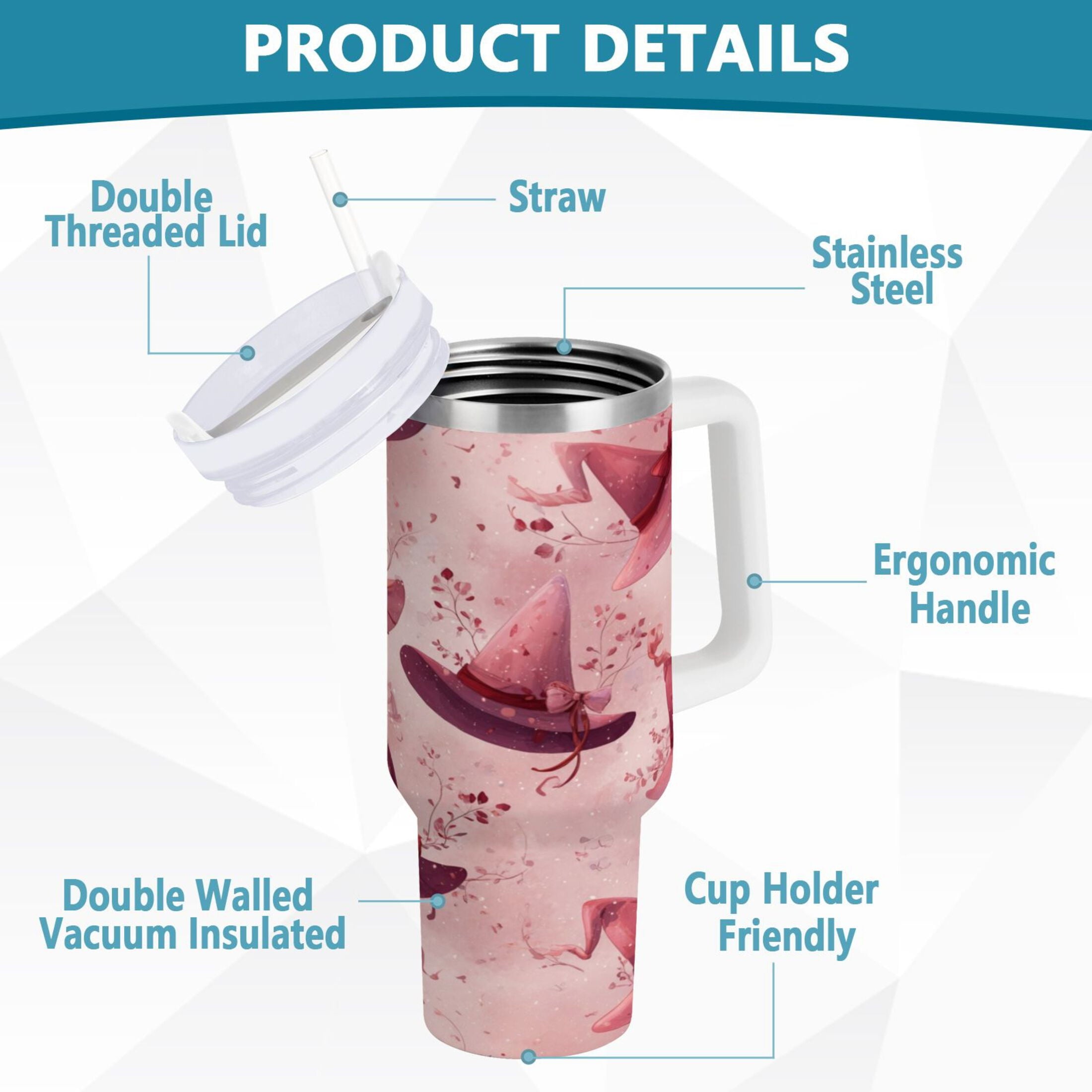30 oz Insulated Stainless Steel Tumbler Double Wall Stainless Steel Tumbler with 2-Way Drinking Hats with Delicate Bows | R679
