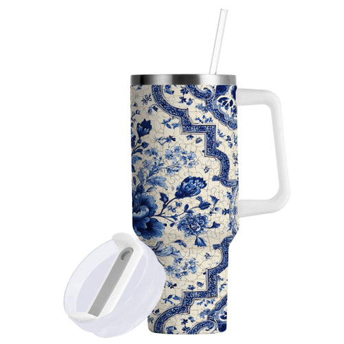30 oz Insulated Stainless Steel Tumbler Double Wall Stainless Steel Tumbler with 2-Way Drinking Blue and White Porcelain-style | DKXU