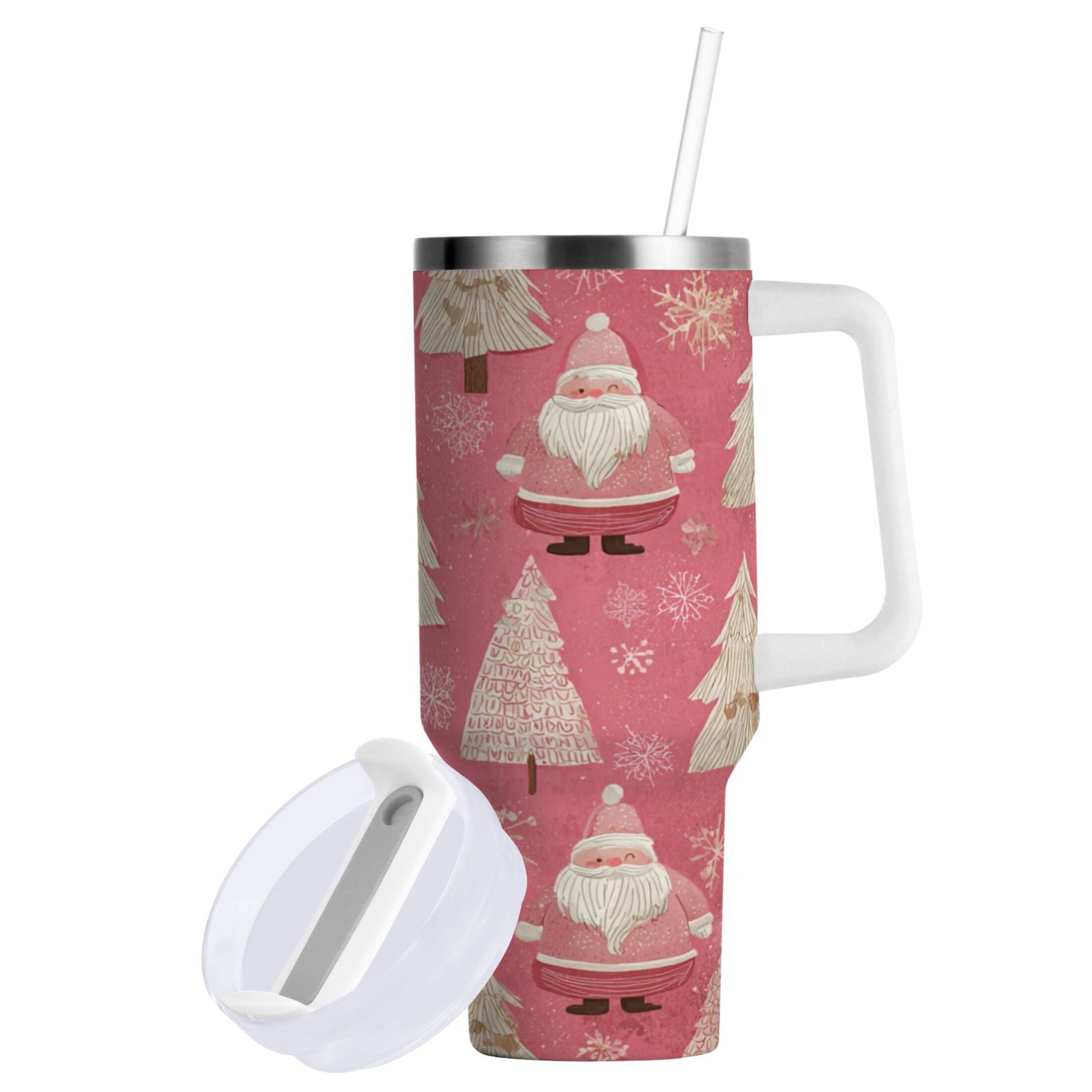 40 oz Insulated Stainless Steel Tumbler Double Wall Stainless Steel Tumbler with 2-Way Drinking Pink Santa Claus Pattern | HUWN