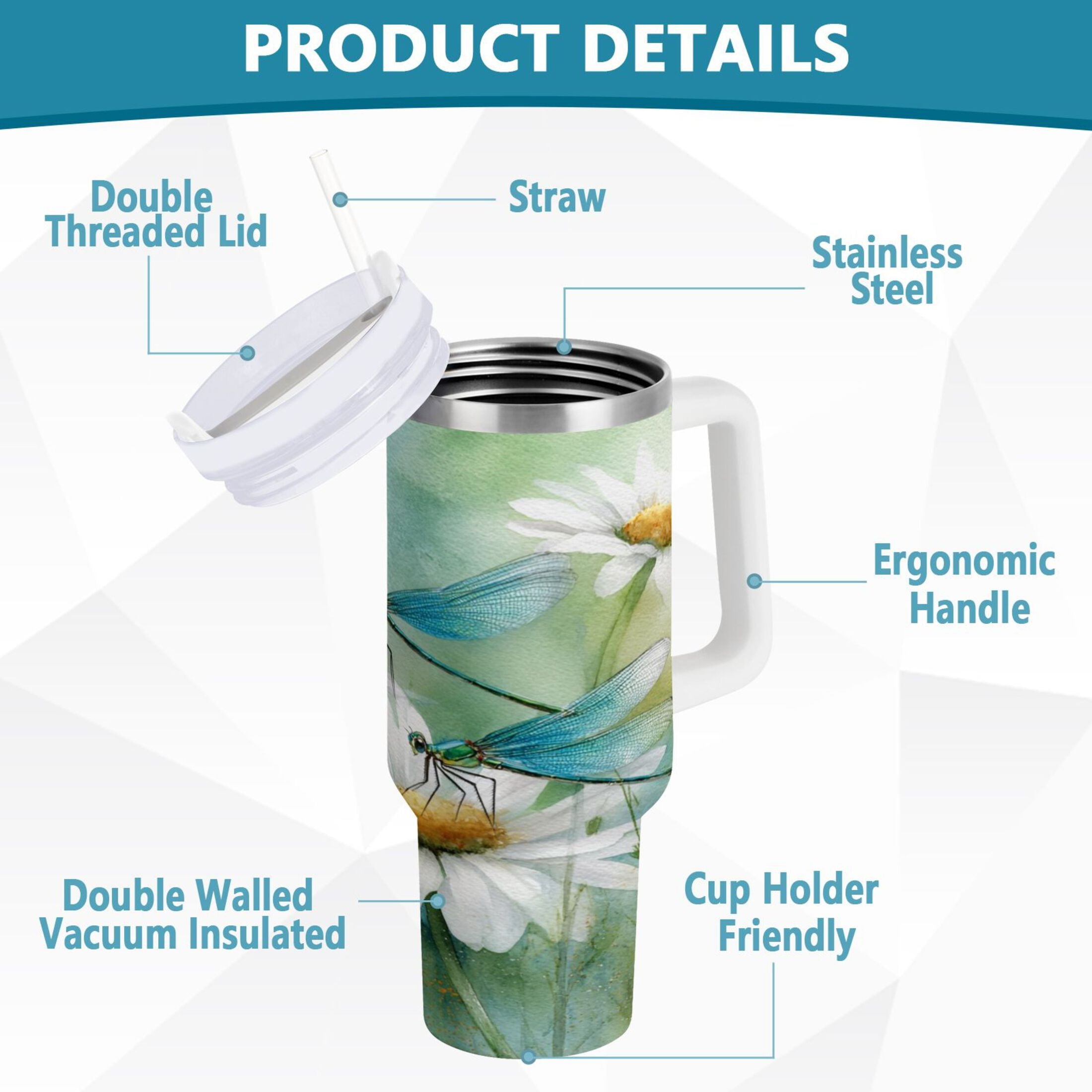 30 oz Insulated Stainless Steel Tumbler Double Wall Stainless Steel Tumbler with 2-Way Drinking Beautiful Dragonflies and Daisies | P6SW