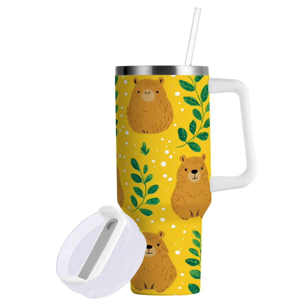 30 oz Insulated Stainless Steel Tumbler Double Wall Stainless Steel Tumbler with 2-Way Drinking Capybara and Green Leaves | T1S7