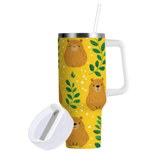 30 oz Insulated Stainless Steel Tumbler Double Wall Stainless Steel Tumbler with 2-Way Drinking Capybara and Green Leaves | T1S7