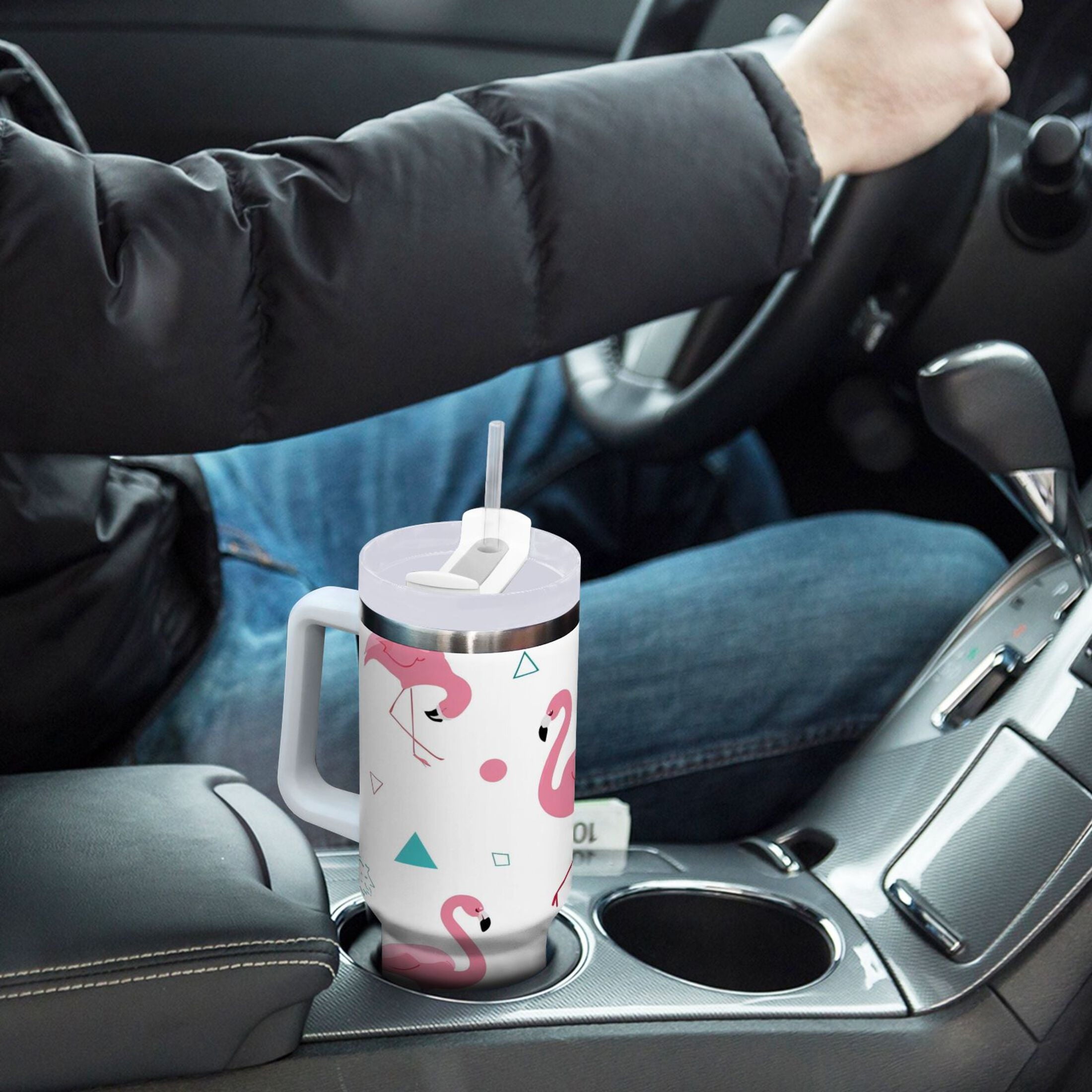 40 oz Insulated Stainless Steel Tumbler Double Wall Stainless Steel Tumbler with 2-Way Drinking Cute Flamingo Pattern | UVCP