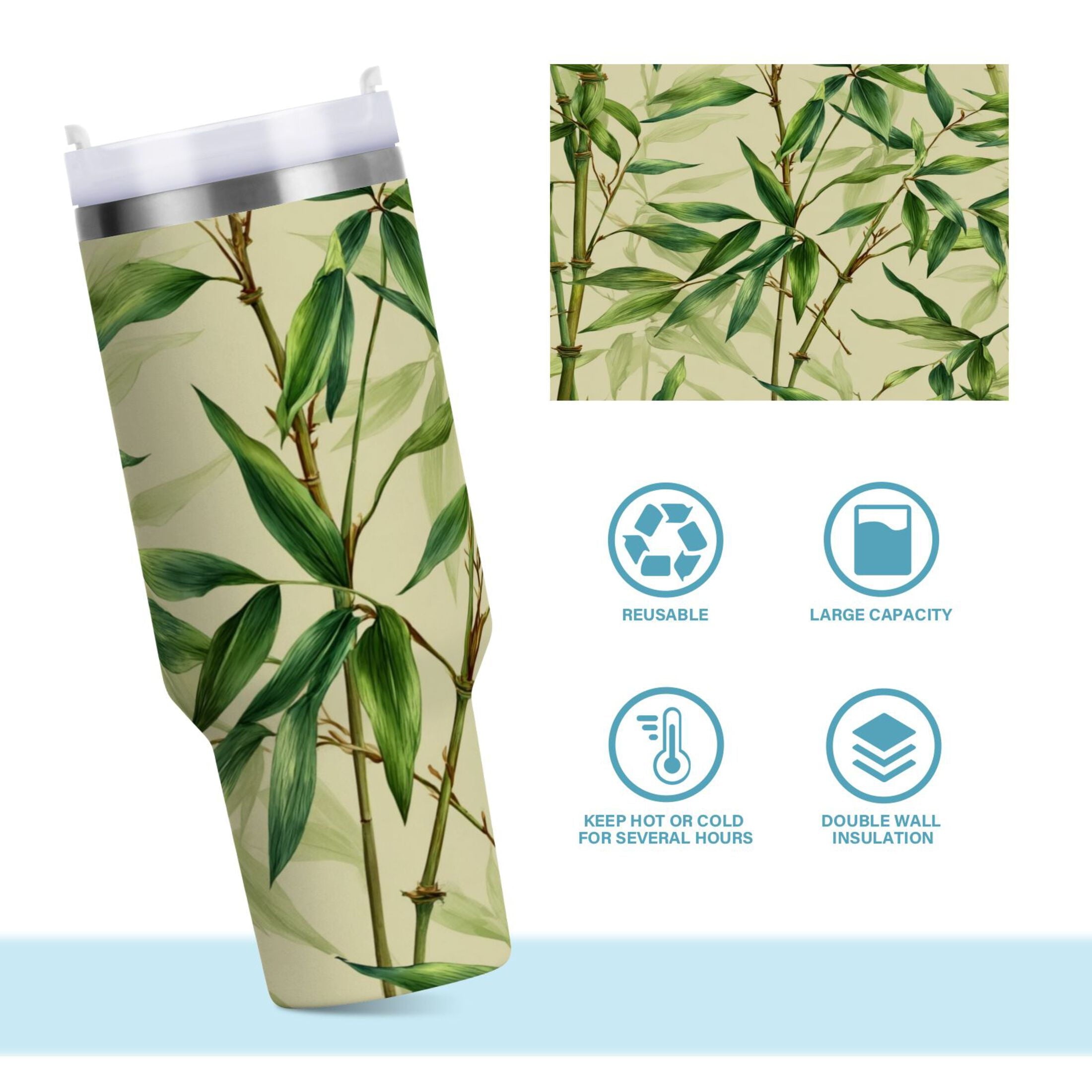 30 oz Insulated Stainless Steel Tumbler Double Wall Stainless Steel Tumbler with 2-Way Drinking Bamboo Pattern | IQUZ