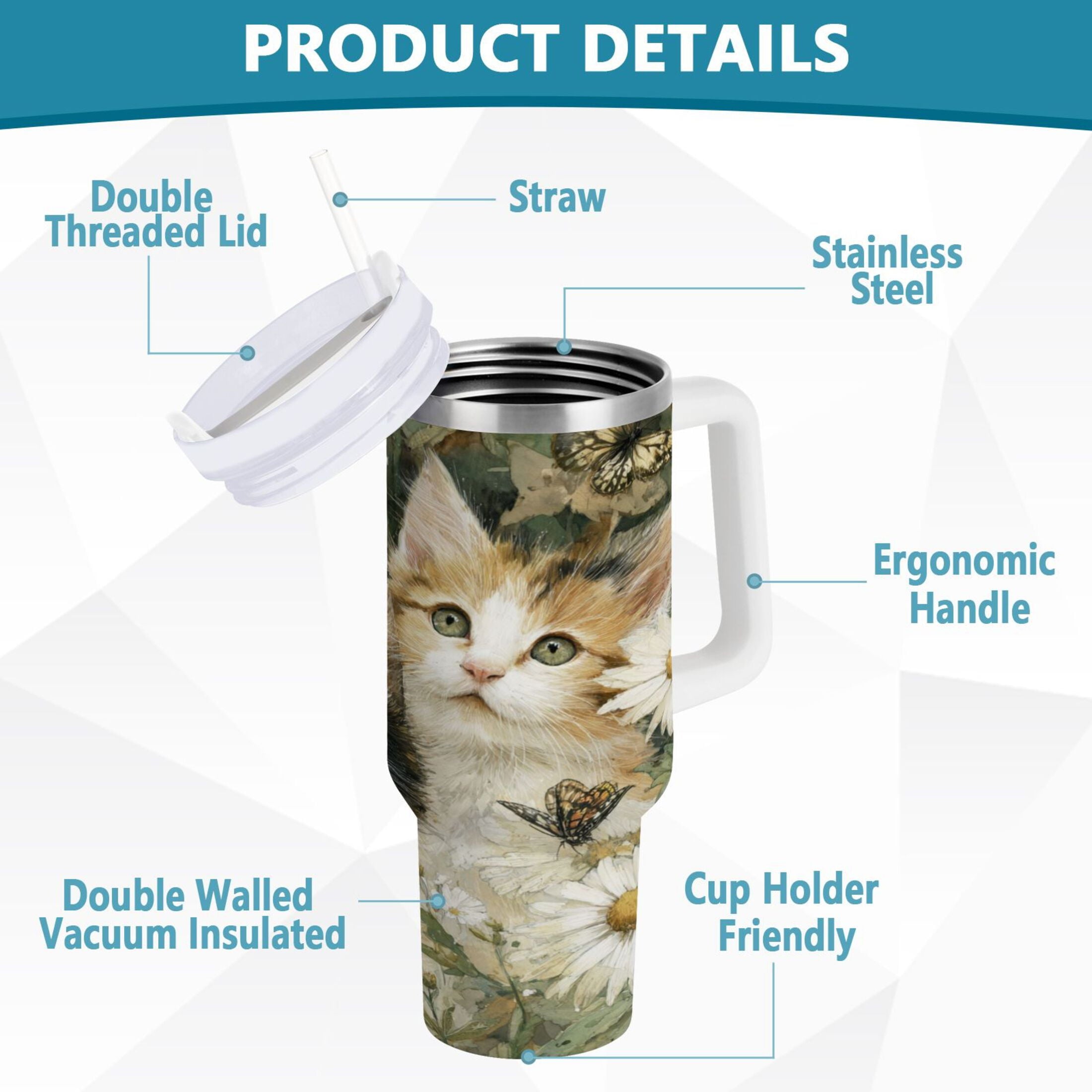 30 oz Insulated Stainless Steel Tumbler Double Wall Stainless Steel Tumbler with 2-Way Drinking Adorable Cats and Daisies | 2EZ5