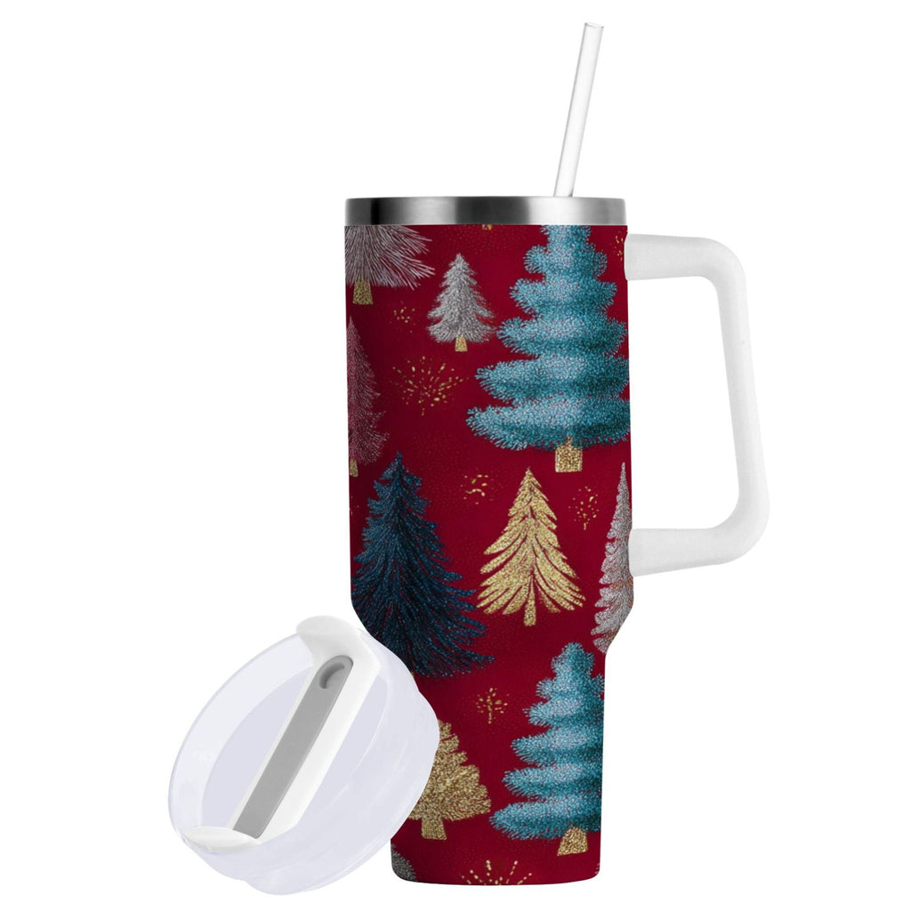 30 oz Insulated Stainless Steel Tumbler Double Wall Stainless Steel Tumbler with 2-Way Drinking Stylized Christmas Trees | UQTB