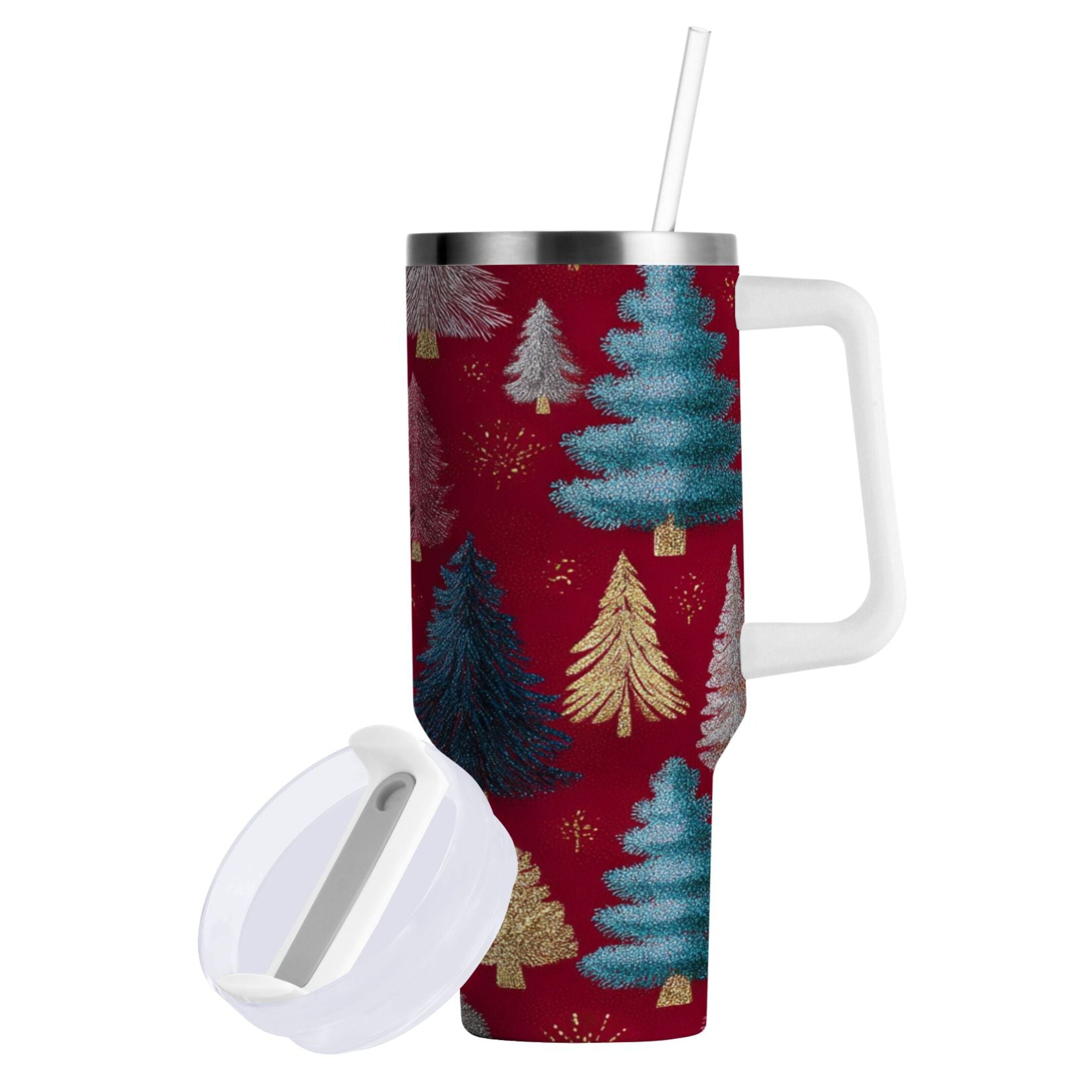 30 oz Insulated Stainless Steel Tumbler Double Wall Stainless Steel Tumbler with 2-Way Drinking Stylized Christmas Trees | UQTB