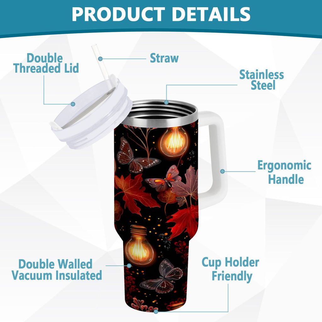 40 oz Insulated Stainless Steel Tumbler Double Wall Stainless Steel Tumbler with 2-Way Drinking Light Bulbs and Maple Leaves | JRZU