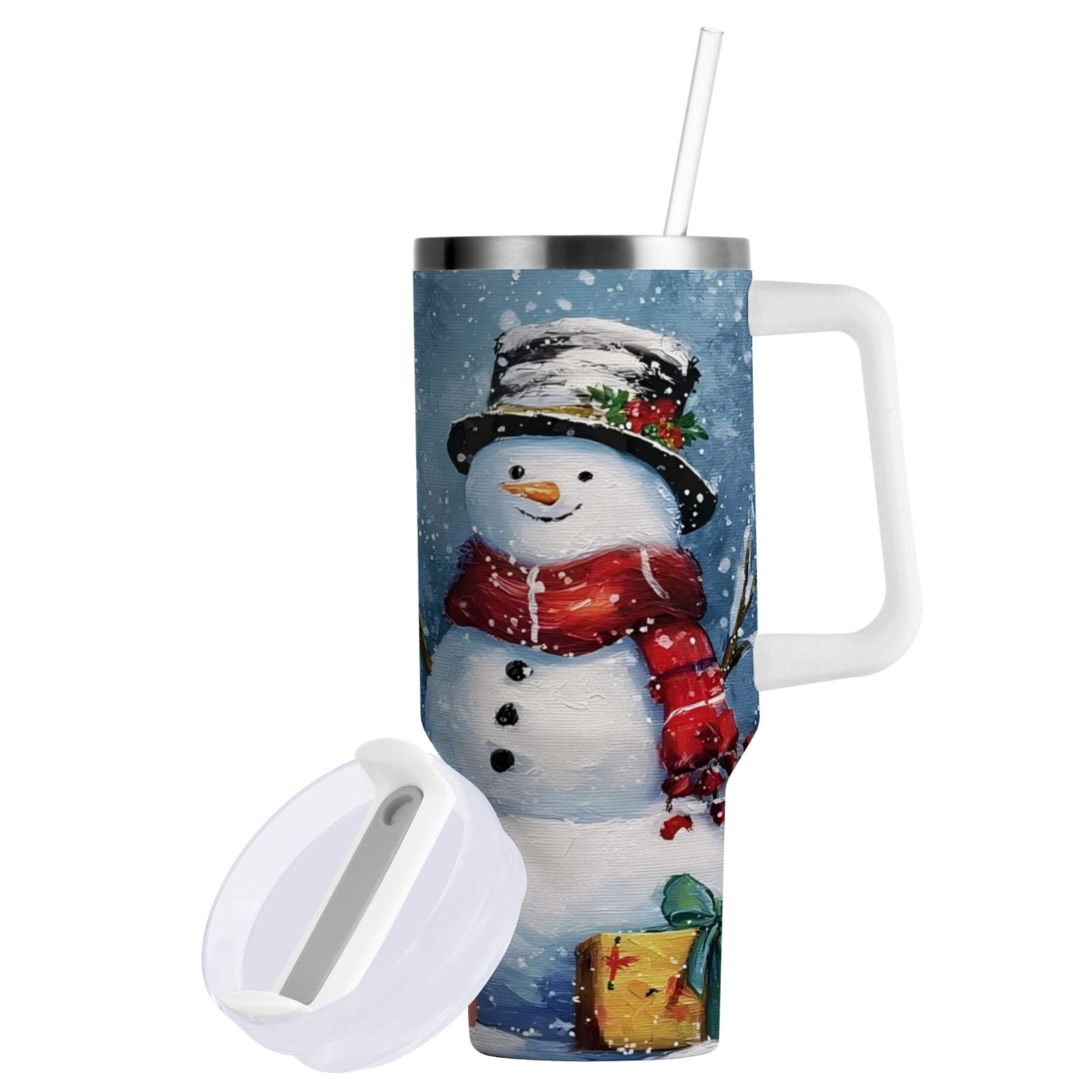 30 oz Insulated Stainless Steel Tumbler Double Wall Stainless Steel Tumbler with 2-Way Drinking Christmas Scene with Snowman | S6Z8
