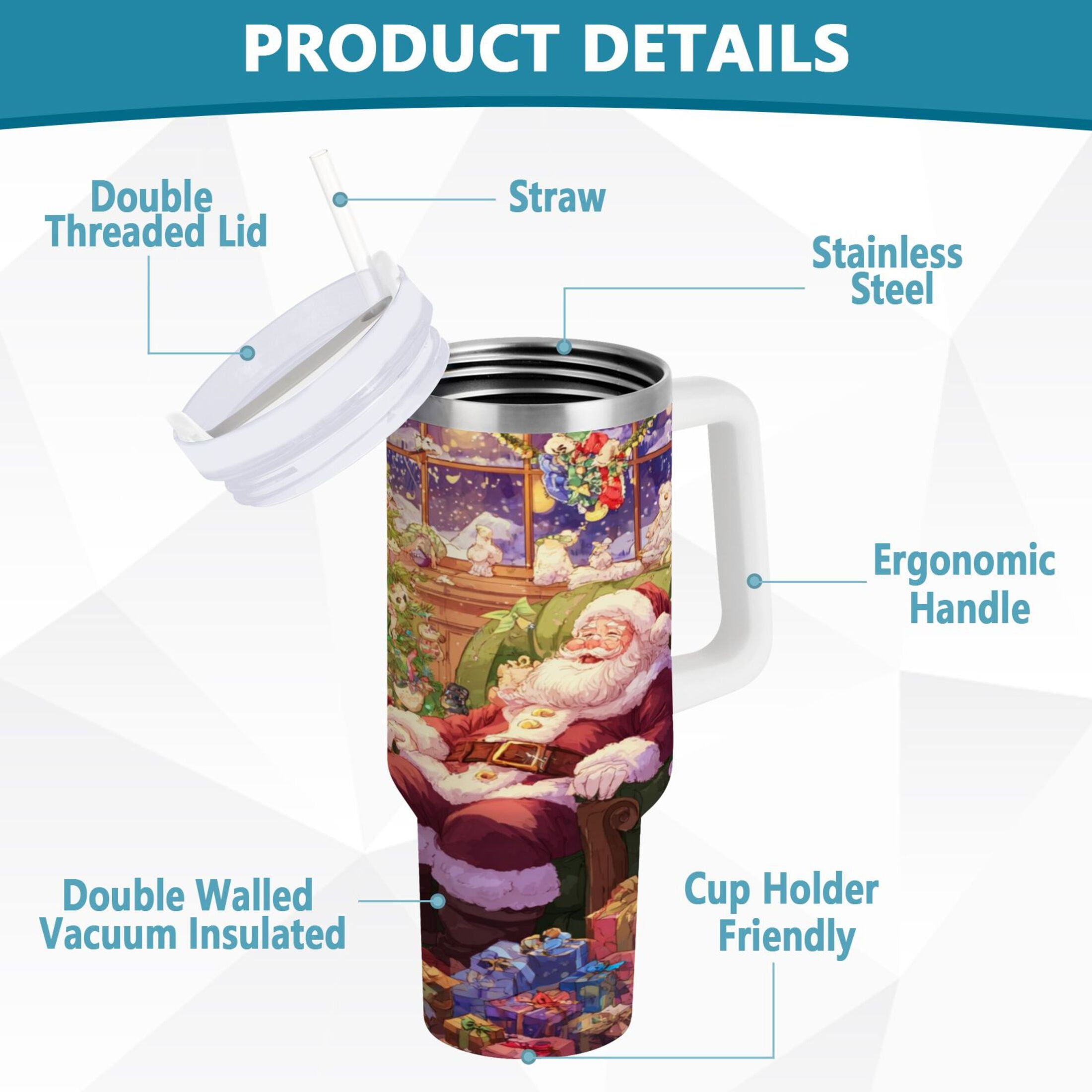 40 oz Insulated Stainless Steel Tumbler Double Wall Stainless Steel Tumbler with 2-Way Drinking Festive Christmas Scene | 1LIZ
