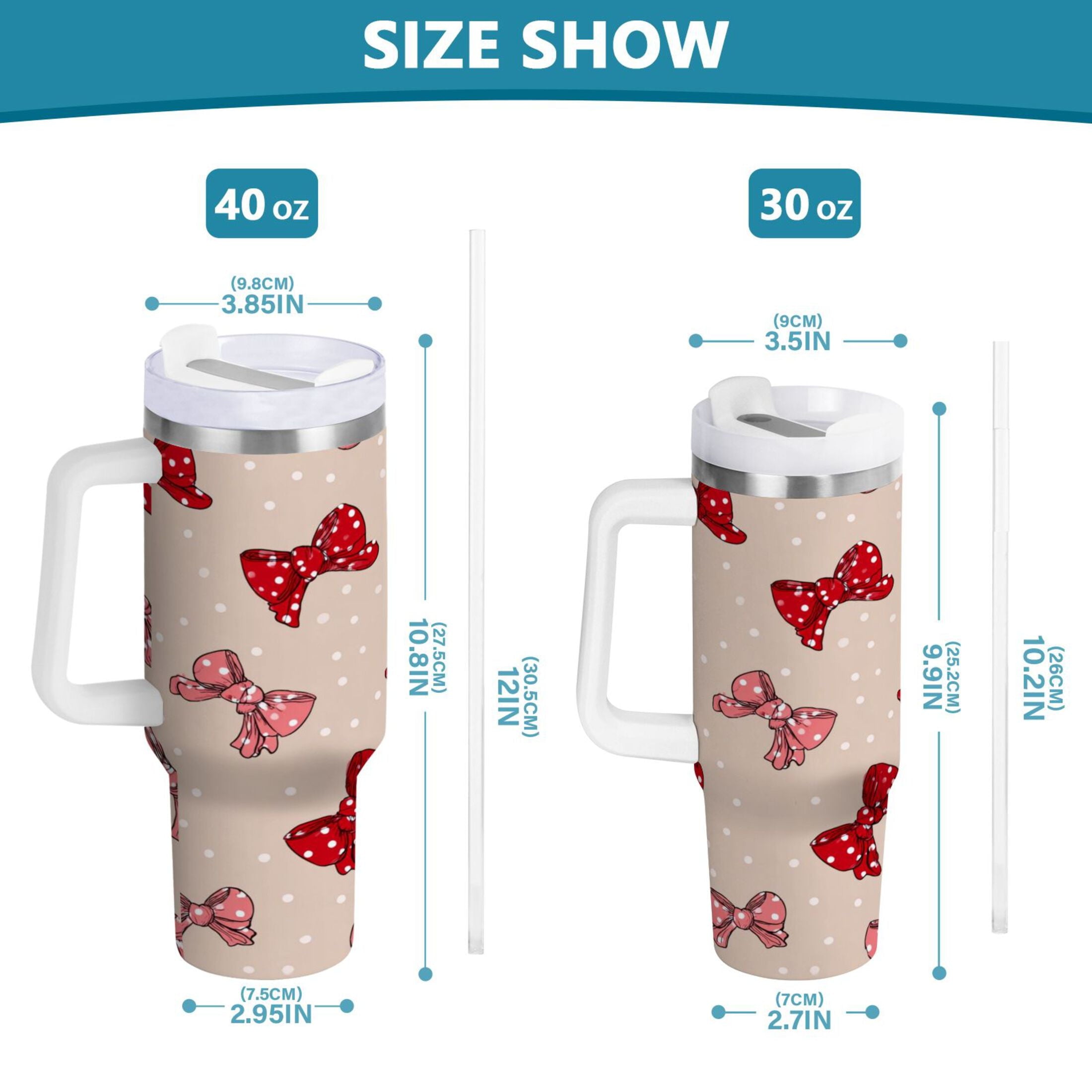 30 oz Insulated Stainless Steel Tumbler Double Wall Stainless Steel Tumbler with 2-Way Drinking Cute Red Bows Pattern | FSE2