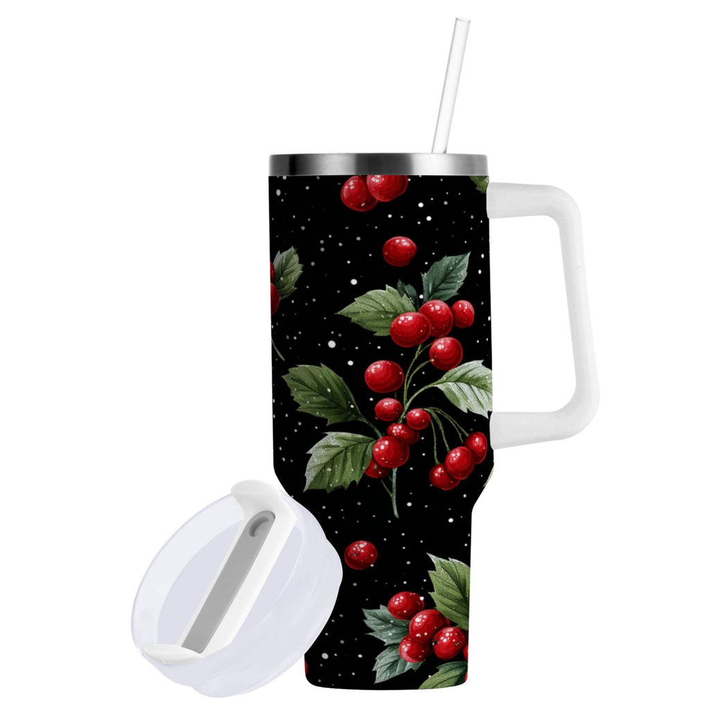 40 oz Insulated Stainless Steel Tumbler Double Wall Stainless Steel Tumbler with 2-Way Drinking Red Holly Berries Pattern | X1IS