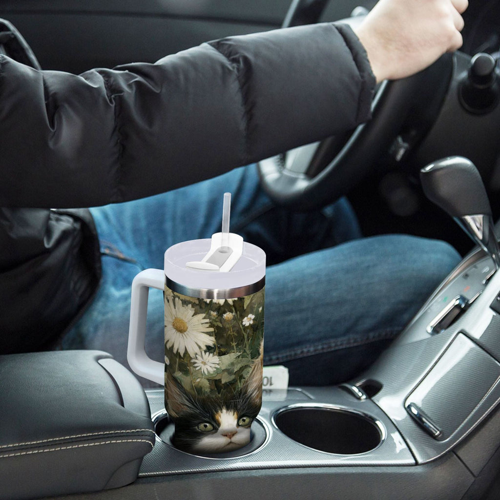 30 oz Insulated Stainless Steel Tumbler Double Wall Stainless Steel Tumbler with 2-Way Drinking Adorable Cats and Daisies | 2EZ5
