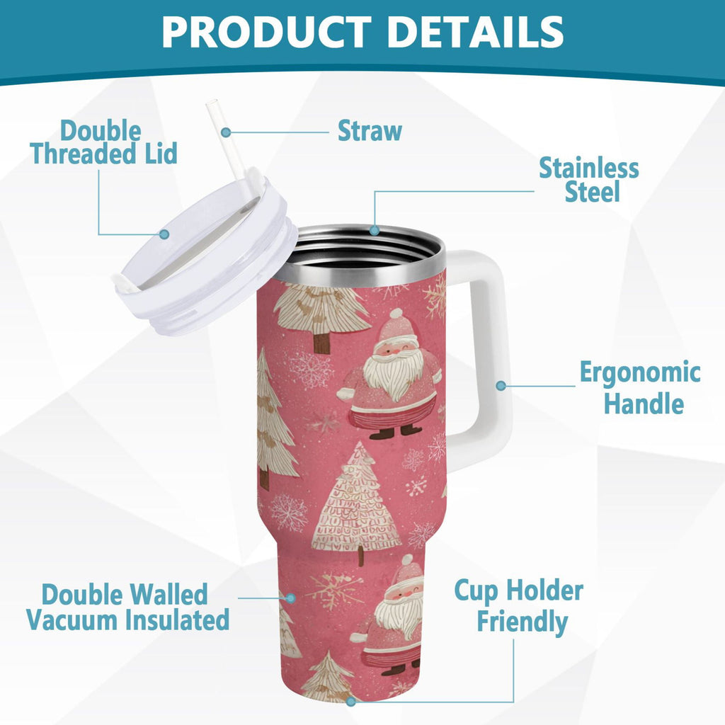 40 oz Insulated Stainless Steel Tumbler Double Wall Stainless Steel Tumbler with 2-Way Drinking Pink Santa Claus Pattern | 70MW