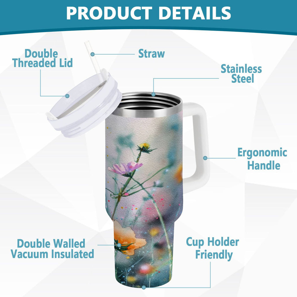 40 oz Insulated Stainless Steel Tumbler Double Wall Stainless Steel Tumbler with 2-Way Drinking Abstract Wildflowers | I3Z5