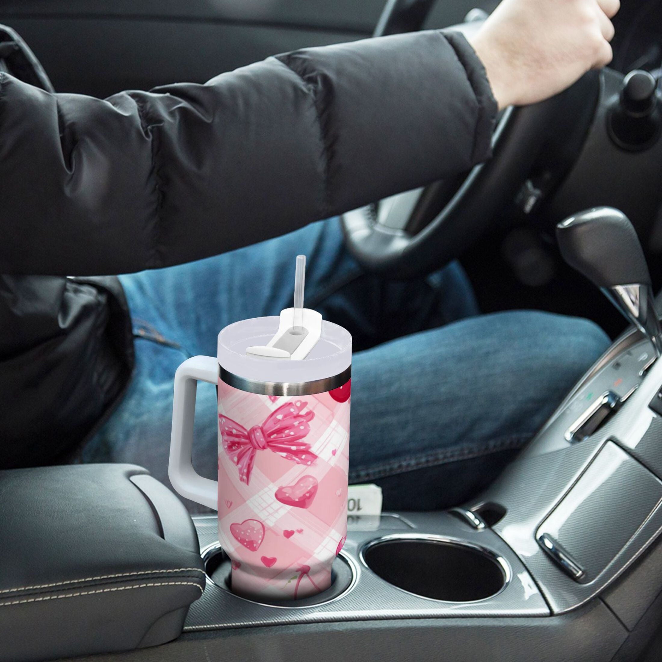 30 oz Insulated Stainless Steel Tumbler Double Wall Stainless Steel Tumbler with 2-Way Drinking Cherry and Pink Bow Pattern | YFZS