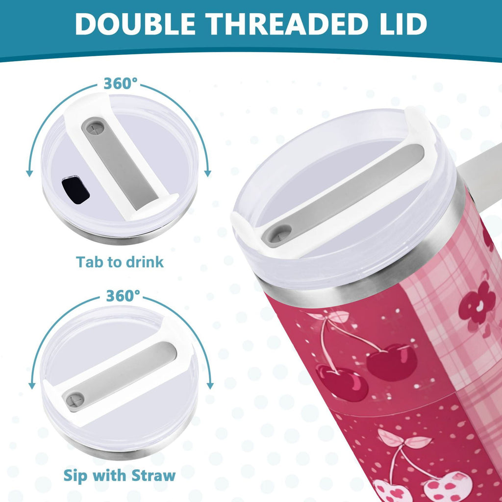 30 oz Insulated Stainless Steel Tumbler Double Wall Stainless Steel Tumbler with 2-Way Drinking Cherry Pattern with Bows | JTFF