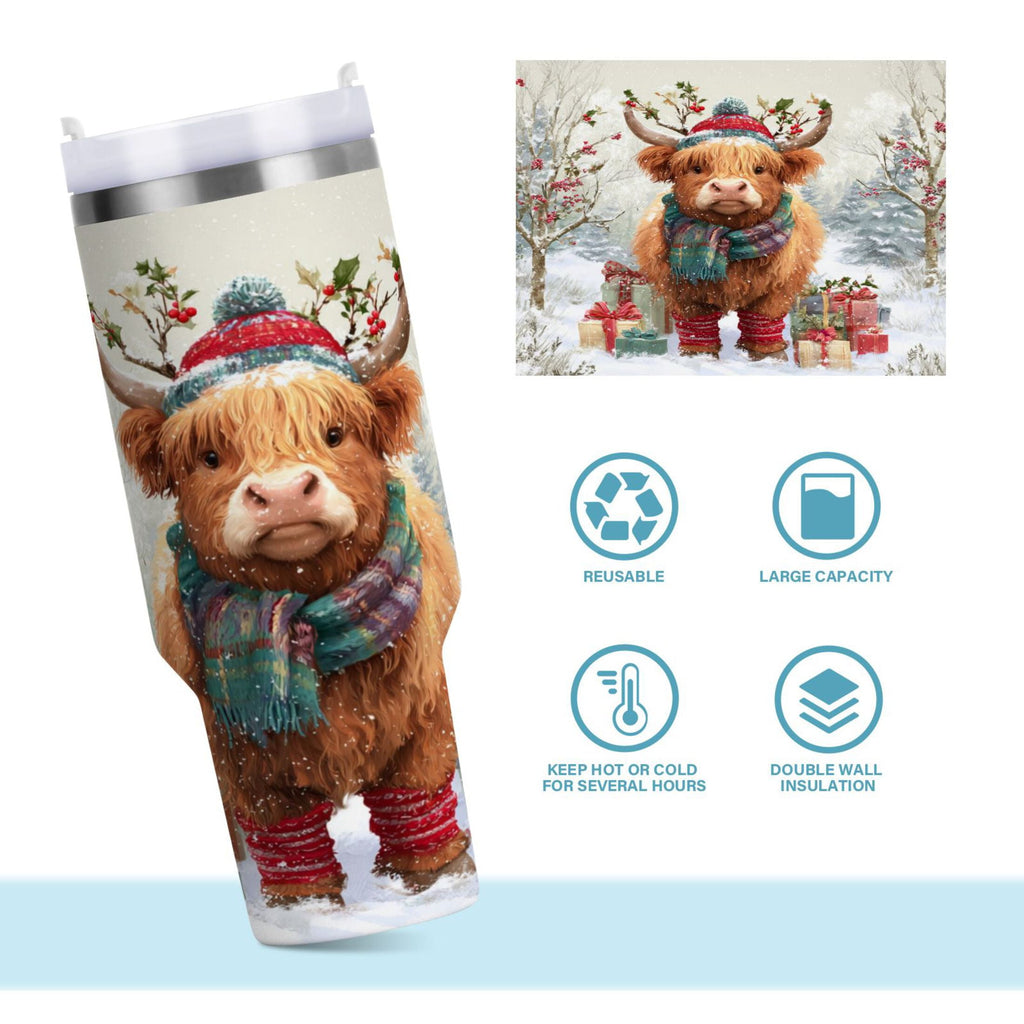 30 oz Insulated Stainless Steel Tumbler Double Wall Stainless Steel Tumbler with 2-Way Drinking Cow Wearing Christmas Hat | 00Q4