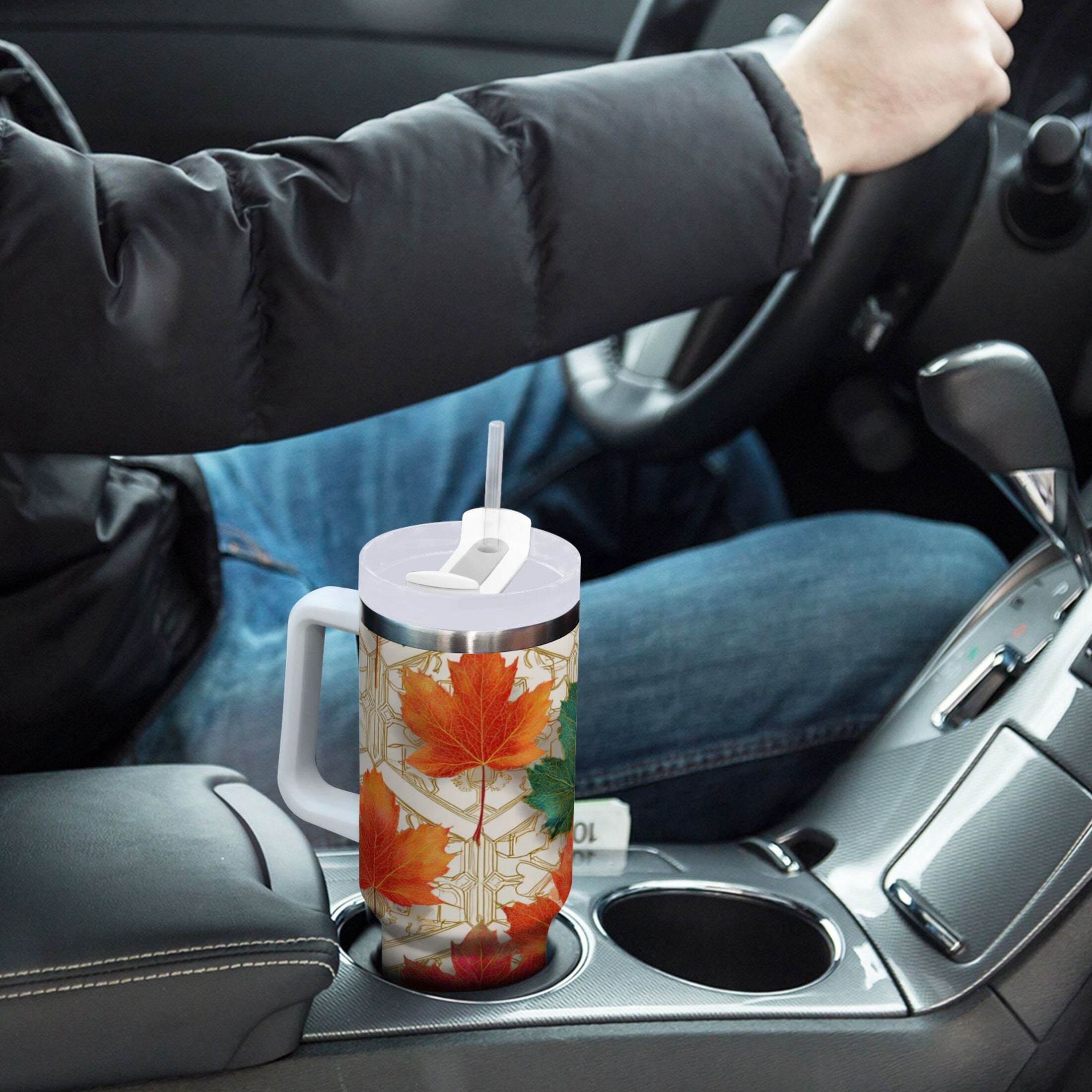 30 oz Insulated Stainless Steel Tumbler Double Wall Stainless Steel Tumbler with 2-Way Drinking Green and Red Maple Leaves | PU7M