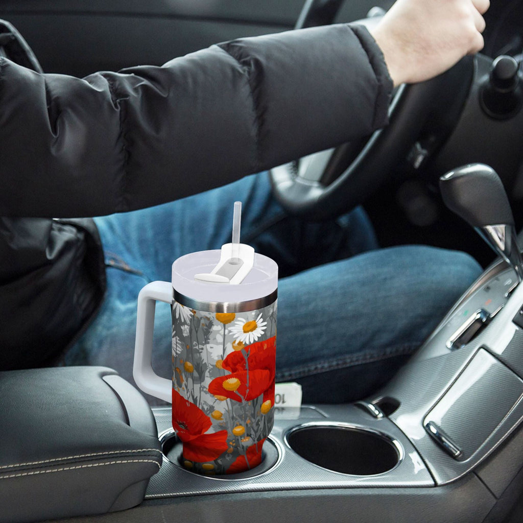 40 oz Insulated Stainless Steel Tumbler Double Wall Stainless Steel Tumbler with 2-Way Drinking Red Flowers and Daisies | TCBC