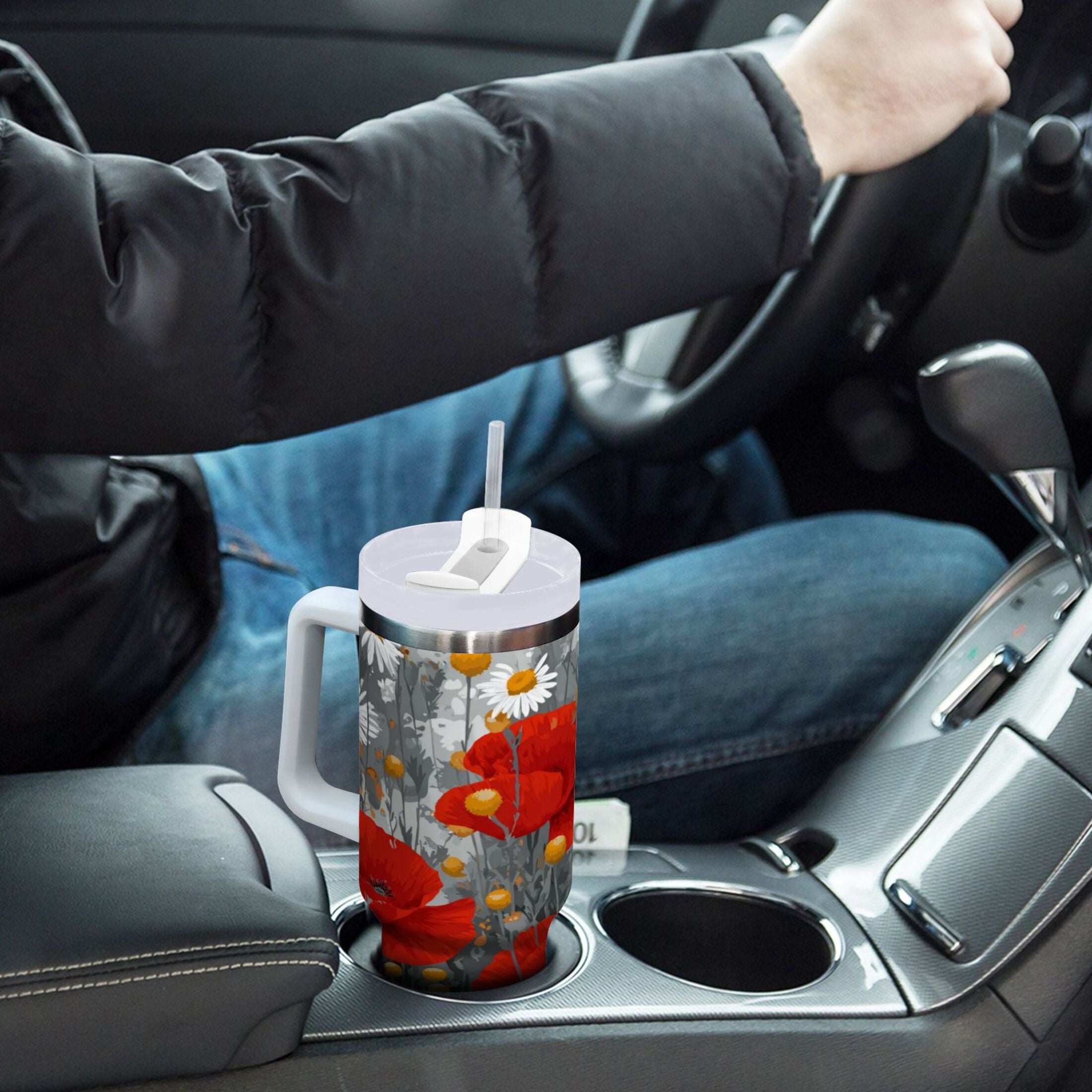 40 oz Insulated Stainless Steel Tumbler Double Wall Stainless Steel Tumbler with 2-Way Drinking Red Flowers and Daisies | TCBC